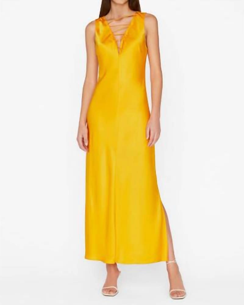 Front of a model wearing a size L Lace Front Midi Dress In Nectarine in Nectarine by FRAME. | dia_product_style_image_id:359408